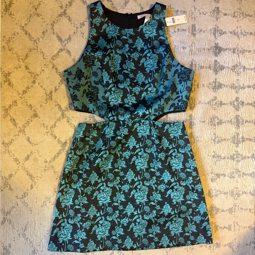 Hutch Floral Jacquard Cutout Dress in Black and Teal